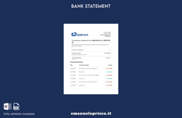 modello di parole dell'estratto conto della transazione India MobiKwik in stile 